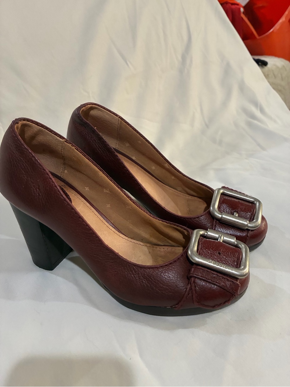 Y2K FOSSIL Burgundy Leather Block Heel Pumps with Big Silver Buckle